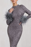 Marilyn Silver Sequin Long-Sleeved Midi Dress With Feather Cuffs