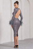 Marilyn Silver Sequin Long-Sleeved Midi Dress With Feather Cuffs