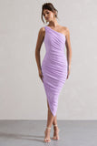 Dorit Lilac One Shoulder Asymmetric Ruched Midi Dress