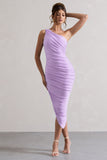 Dorit Lilac One Shoulder Asymmetric Ruched Midi Dress
