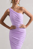 Dorit Lilac One Shoulder Asymmetric Ruched Midi Dress