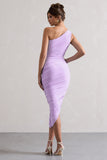 Dorit Lilac One Shoulder Asymmetric Ruched Midi Dress