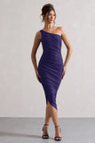 Dorit Purple One Shoulder Asymmetric Ruched Midi Dress
