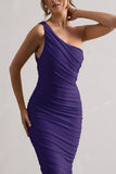 Dorit Purple One Shoulder Asymmetric Ruched Midi Dress