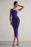 Dorit Purple One Shoulder Asymmetric Ruched Midi Dress