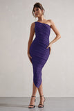 Dorit Purple One Shoulder Asymmetric Ruched Midi Dress