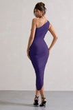 Dorit Purple One Shoulder Asymmetric Ruched Midi Dress