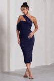 Cici Navy Asymmetric One Shoulder Ruched Midi Dress