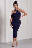 Cici Navy Asymmetric One Shoulder Ruched Midi Dress