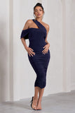Cici Navy Asymmetric One Shoulder Ruched Midi Dress