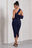 Cici Navy Asymmetric One Shoulder Ruched Midi Dress