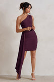 Charlie Plum One Shoulder Ruched Mini Dress With Statement Drape