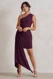 Charlie Plum One Shoulder Ruched Mini Dress With Statement Drape