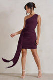Charlie Plum One Shoulder Ruched Mini Dress With Statement Drape