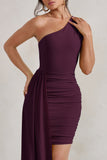 Charlie Plum One Shoulder Ruched Mini Dress With Statement Drape