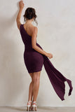 Charlie Plum One Shoulder Ruched Mini Dress With Statement Drape