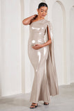 Amara Gold Metallic One-Shoulder Maternity Maxi Dress With Cape