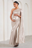 Amara Gold Metallic One-Shoulder Maternity Maxi Dress With Cape
