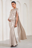 Amara Gold Metallic One-Shoulder Maternity Maxi Dress With Cape