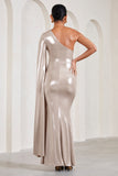Amara Gold Metallic One-Shoulder Maternity Maxi Dress With Cape
