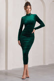 Joanna Bottle Green Velvet High-Neck Backless Midi Dress