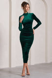 Joanna Bottle Green Velvet High-Neck Backless Midi Dress