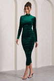 Joanna Bottle Green Velvet High-Neck Backless Midi Dress