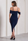 Bethan Navy Bodycon Strappy Mesh Bardot Midi Dress