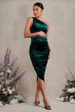 Late Night Bottle Green Velvet Maternity Ruched One Shoulder Midi Dress