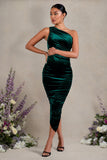 Late Night Bottle Green Velvet Maternity Ruched One Shoulder Midi Dress