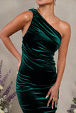 Late Night Bottle Green Velvet Maternity Ruched One Shoulder Midi Dress
