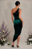 Late Night Bottle Green Velvet Maternity Ruched One Shoulder Midi Dress