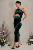 Late Night Bottle Green Velvet Maternity Ruched One Shoulder Midi Dress