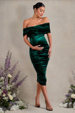 Alyssa Bottle Green Velvet Maternity Bardot Bow Maternity Midi Dress with Ruching
