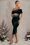 Alyssa Bottle Green Velvet Maternity Bardot Bow Maternity Midi Dress with Ruching