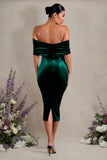Alyssa Bottle Green Velvet Maternity Bardot Bow Maternity Midi Dress with Ruching