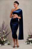 Gianna Navy Velvet Maternity One Shoulder Cape Bodycon Midi Dress