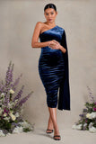 Gianna Navy Velvet Maternity One Shoulder Cape Bodycon Midi Dress
