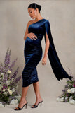 Gianna Navy Velvet Maternity One Shoulder Cape Bodycon Midi Dress