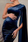 Gianna Navy Velvet Maternity One Shoulder Cape Bodycon Midi Dress
