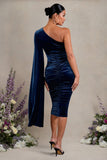 Gianna Navy Velvet Maternity One Shoulder Cape Bodycon Midi Dress