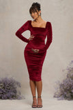 New Life Berry Velvet Maternity Square Neck Ruched Midi Dress