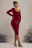New Life Berry Velvet Maternity Square Neck Ruched Midi Dress