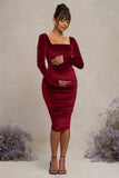 New Life Berry Velvet Maternity Square Neck Ruched Midi Dress