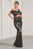 Captivating Silver Metallic Strappy Asymmetric Cut-Out Maternity Maxi Dress