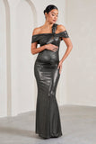 Captivating Silver Metallic Strappy Asymmetric Cut-Out Maternity Maxi Dress