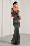 Captivating Silver Metallic Strappy Asymmetric Cut-Out Maternity Maxi Dress