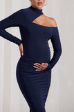 Just Dream Navy Asymmetric High-Neck Cut-Out Maternity Midi Dress