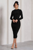 Emilie Black Ruched Long-Sleeve Midi Dress