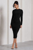 Emilie Black Ruched Long-Sleeve Midi Dress